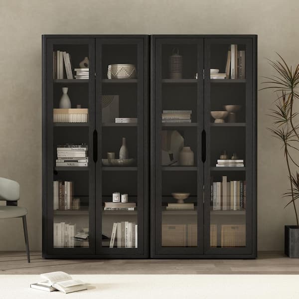 Rivington 79 in. Tall Modern Black Composite Wood 5-Shelf Standard Bookcase with Tempered Glass Doors (Set of 2)
