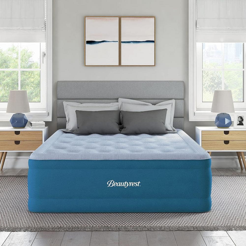 Queen Blue Raised Inflatable Air Mattress with Built-in Pump