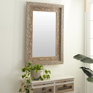 48 in. x 36 in. Handmade Intricately Carved Rectangle Framed Brown Floral Wall Mirror