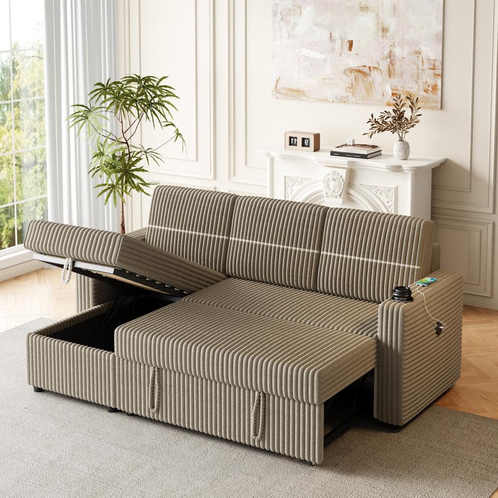 Brown 85 in. Corduroy Chenille 3 Seater Sofa Bed with Storage Chaise, Squar