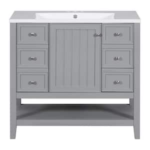 36 in. W x 18 in. D x 34.1 in. H Single Sink Bath Vanity in Gray with White Ceramic Top, 3 Drawers and Open Shelf