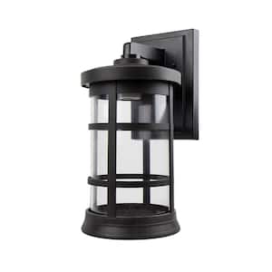 9 in. D x 15.25 in. H x 7.4 in. W 1-Light Black Outdoor Round Wall Lantern Sconce with Durable Clear Acrylic Lens