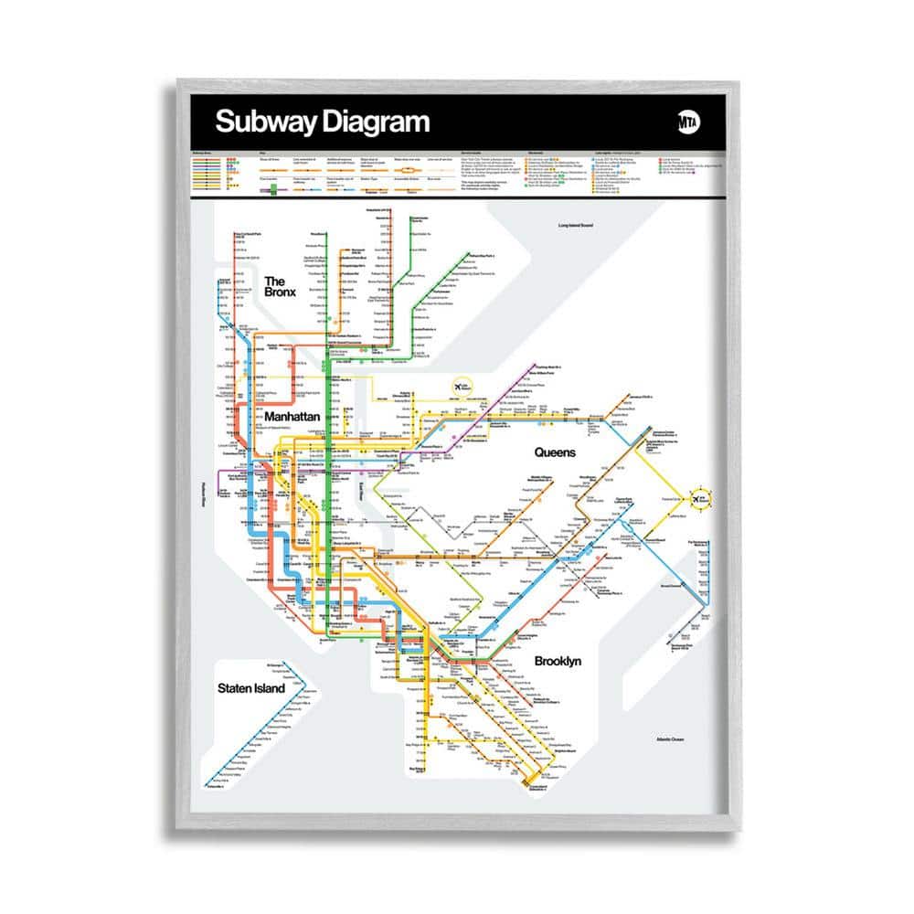 Gray Framed New York City Subway Map Canvas Print, 16" x 20"