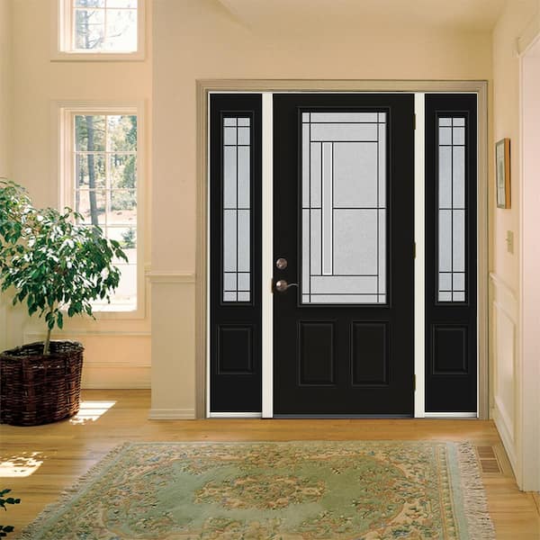 60 in. x 80 in. Left-Hand/Inswing 3/4 Lite Atherton Decorative Glass Black Steel Prehung Front Door with Sidelites