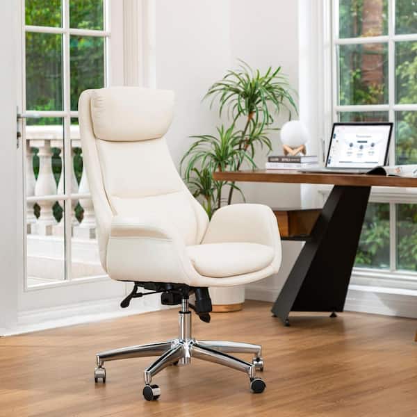 Glitzhome 27.4 in. Width Big and Tall Cream Leather Executive Chair with Adjustable Height