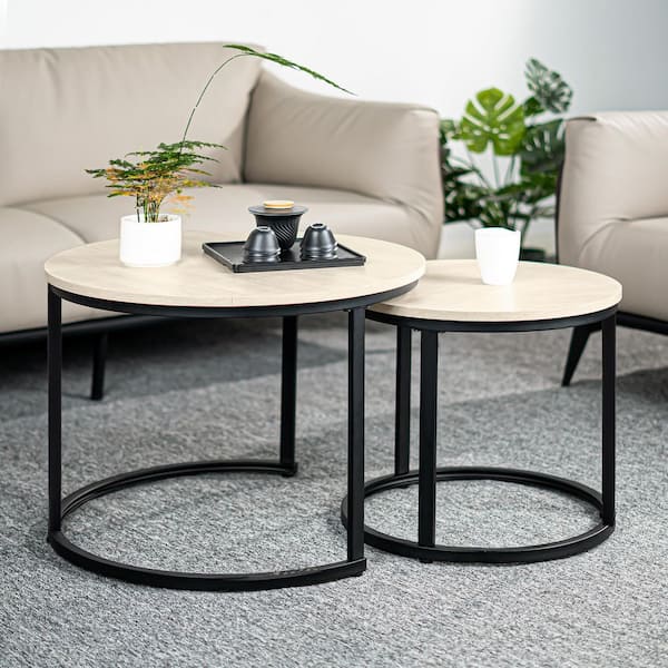 23.6 in. 2-1 Vintage White Round MDF Top Coffee Table with Steel Frame