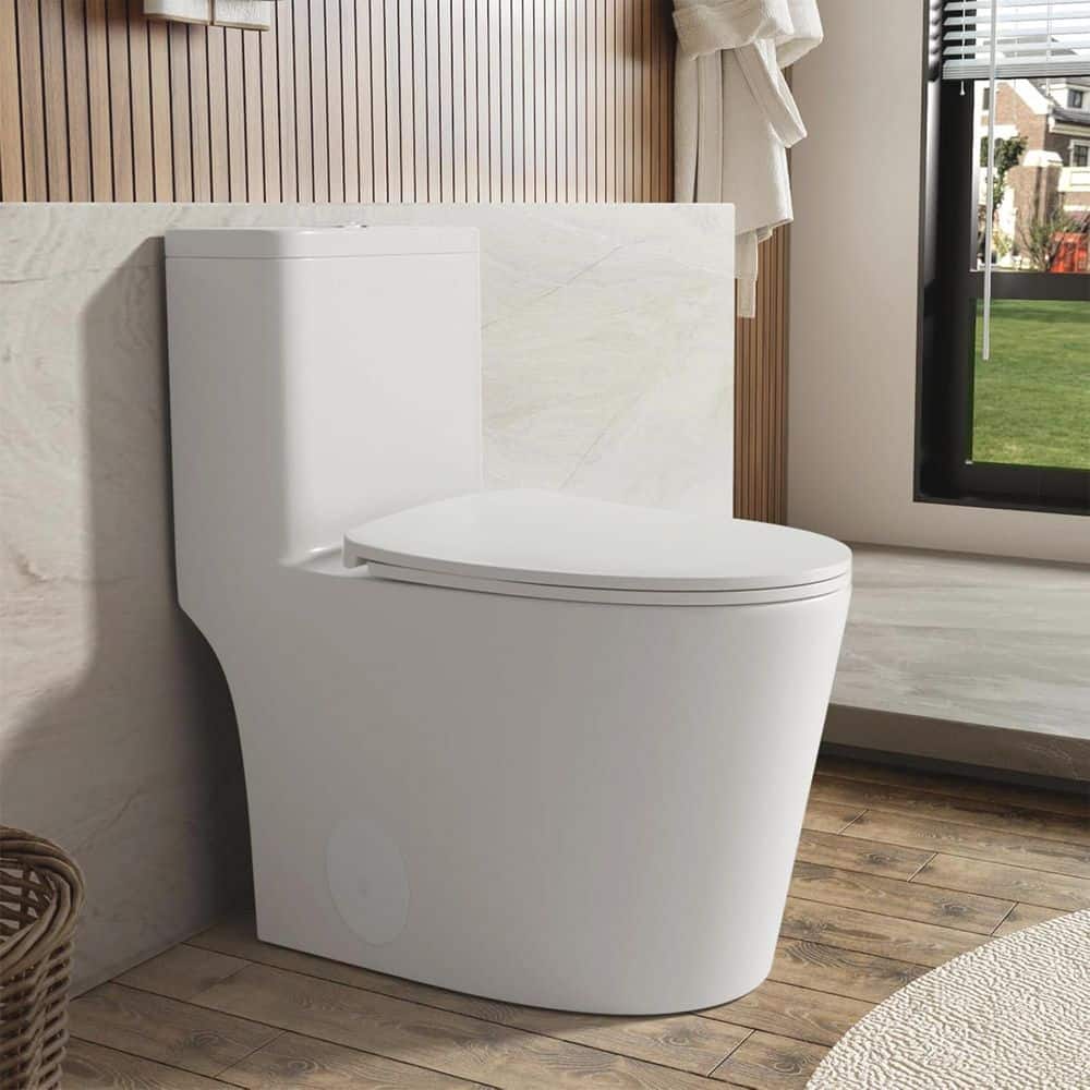 White Ceramic Dual-Flush Elongated One-Piece Toilet