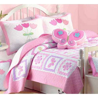 Floral Butterfly Garden Blooms Tulip Daisy Pink Purple White 4-Piece Cotton Twin Quilt Bedding Set with 2-Decor Pillows