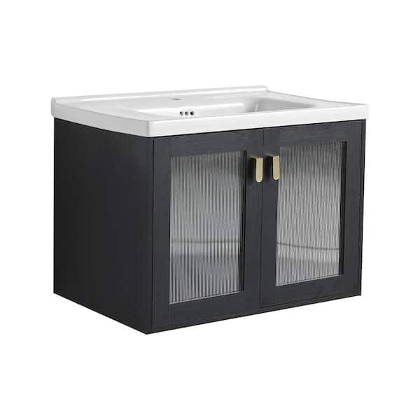 Satico 27.80 in. W Floating Wall-Mounted Bath Vanity in Black Chestnut with White Ceramic Top