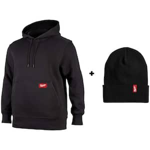 Men's Large Black Midweight Cotton/Polyester Long-Sleeve Pullover Hoodie with Men's Black Acrylic Cuffed Beanie Hat
