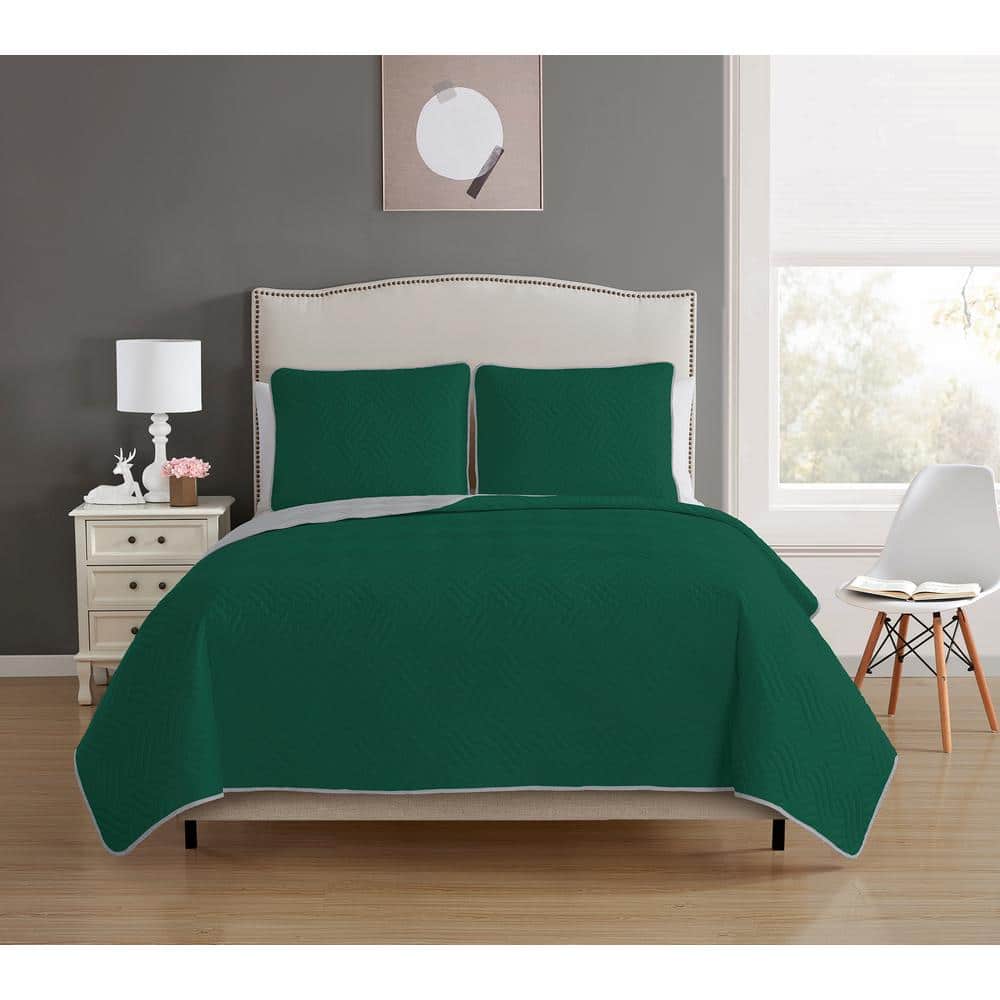 Allison Reversible 3-piece Hunter Green/Grey King Quilt Set