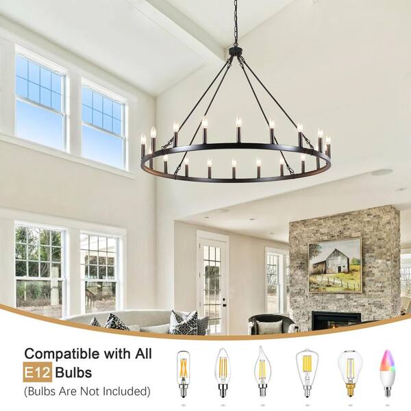ZJVAIVE 20-Light Black Farmhouse Candle Style Hanging Wagon Wheel