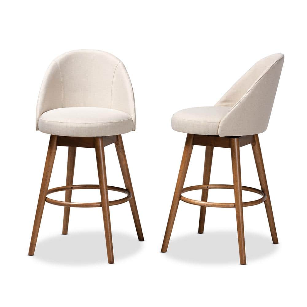 Light Beige Upholstered Walnut Wood Swivel Bar Stools, Set of 2
