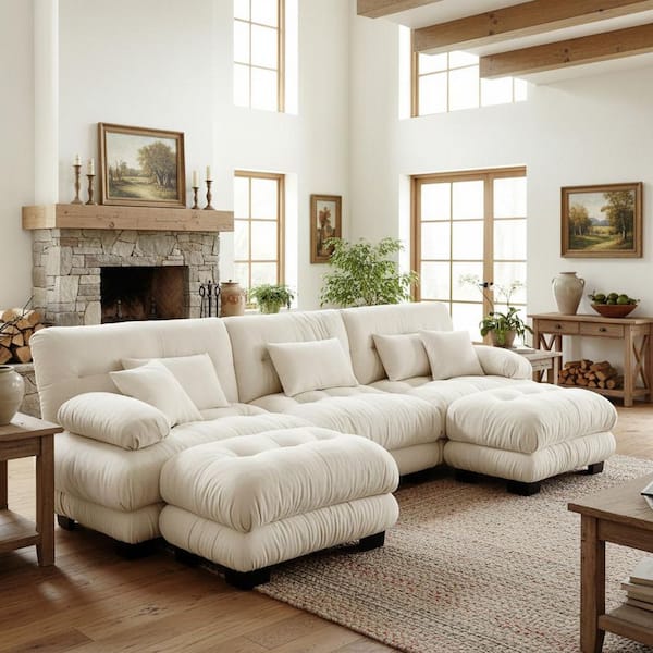 MINH 133.8 in. Pillow Arm 5-Piece Chenille Sectional Sofa with Ultra Soft Seat and 2 Movable Ottomans in Almond Beige