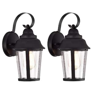 12 in. Textured Black Outdoor E26 Wall Lantern Sconce with Clear Seeded Glass Shade (Set of 2)
