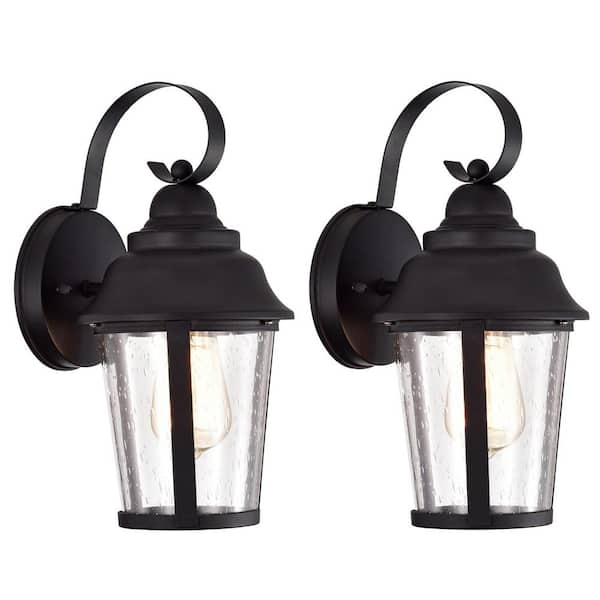 Unbranded 12 in. Textured Black Outdoor E26 Wall Lantern Sconce with Clear Seeded Glass Shade (Set of 2)