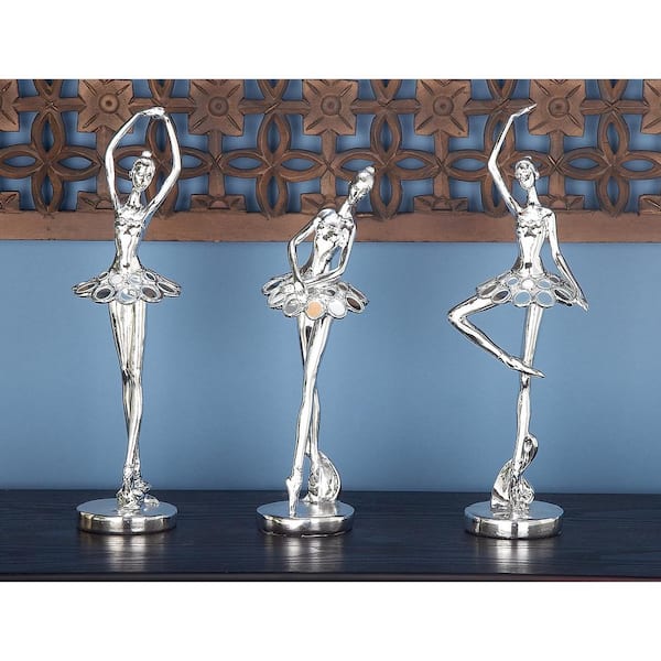 Litton Lane Caspian Silver 4 in. x 14 in. Polystone Dancer Sculpture with Mirror Accents (Set of 3)