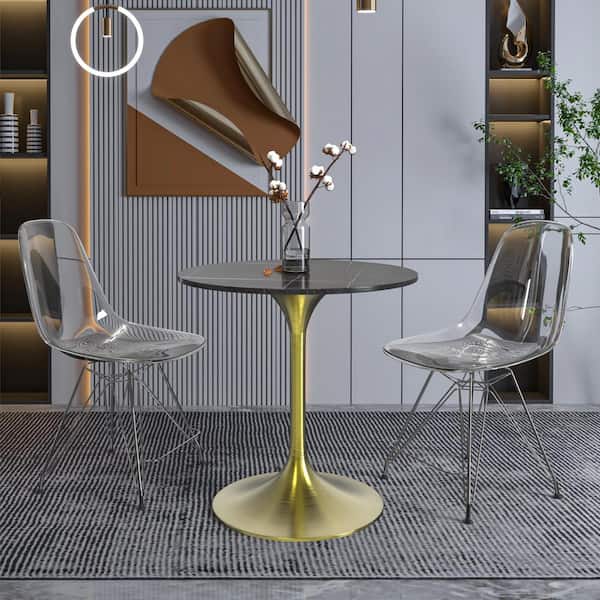 Leisuremod Verve Mid-Century Modern 27 in. Round Dining Table with Stone Top and Brushed Gold Pedestal Base (Black)