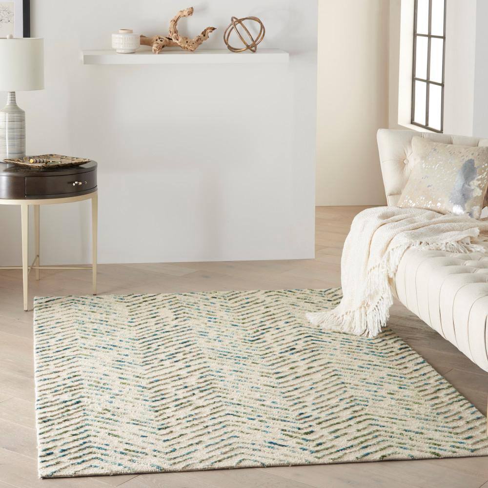 Artisanal Chevron Ivory & Green Hand-Tufted Wool Rug 5' x 7'