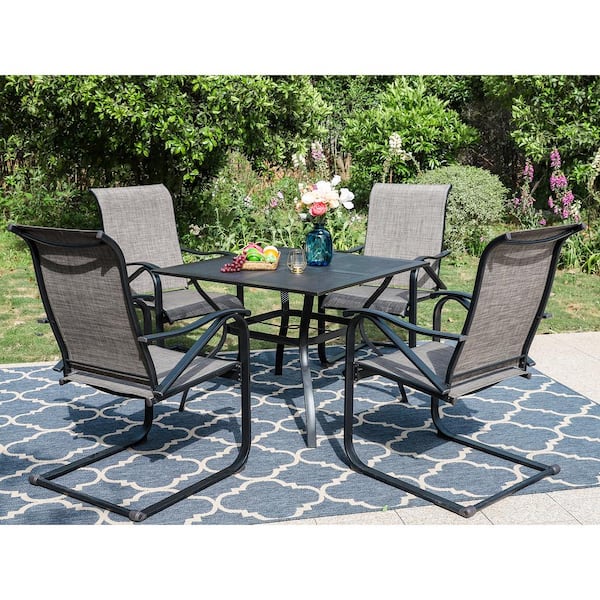 PHI VILLA Black 5-Piece Metal Patio Outdoor Dining Set with Square Table and Textilene C-Spring Chairs