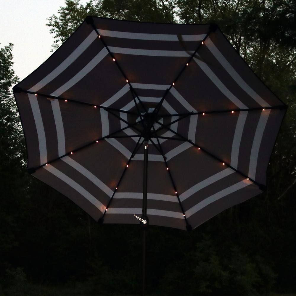 Navy Blue Striped Aluminum Market Umbrella with Solar LED Lights
