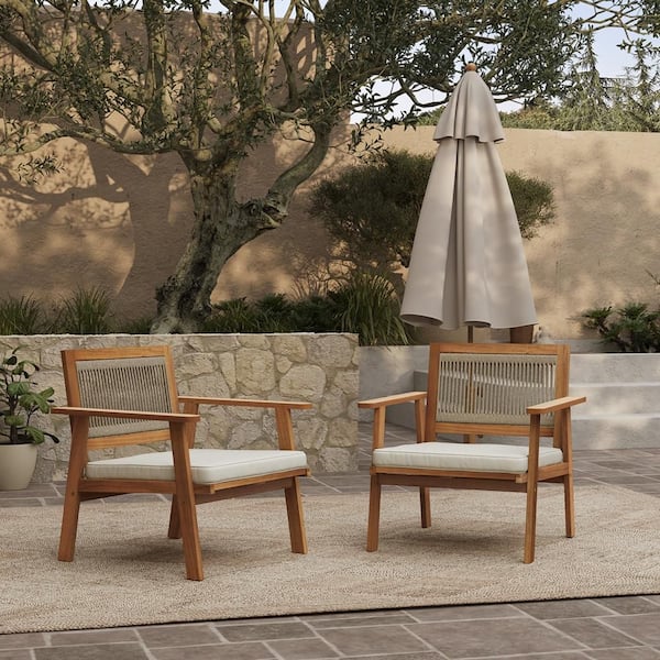 29.5 in. Wood Outdoor Rope Back Lounge Chair with White Cushions (2-Pack)
