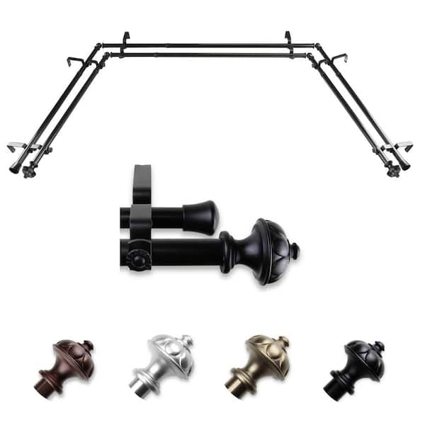 EMOH 13/16" Dia Adjustable 20"-36", 38"-72" Bay Window Double Curtain Rod with Nicolas Finials in Black