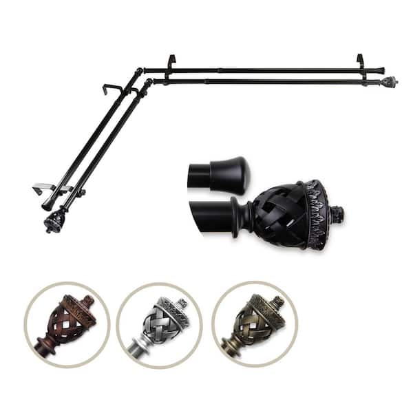 Rod Desyne 13/16" Dia Adjustable 28" to 48" Double Corner Window Curtain Rod in Black with Arielle Finials