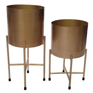 Set of 2 Decorative Modern Gold Metal Cylinder Floor Flower Planter Holder with Stand for Entryway, Living, or Dining