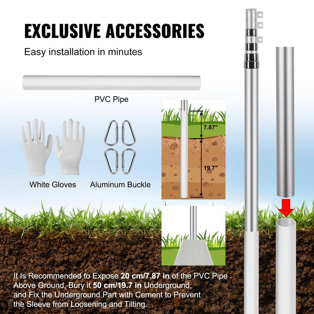 20ft Silver Aluminum Telescoping Garden Flagpole Kit