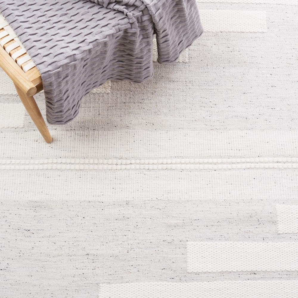 Ivory and Light Grey Square Flat Woven Wool Rug