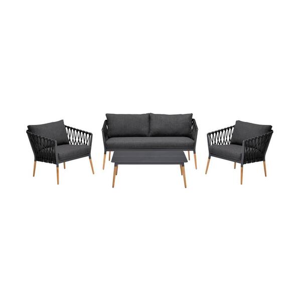 Armen Living Ipanema 4-Piece Rope and Teak Wood Outdoor Sofa Patio Conversation Set with Olefin Dark Grey Cushion