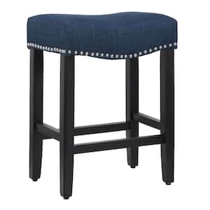 Jameson 24 in. Counter Height Black Wood Backless Nailhead Trim Barstool with Upholstered Navy Blue Linen Saddle Seat