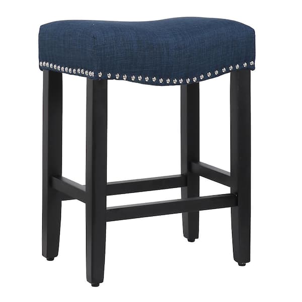 WESTINFURNITURE Jameson 24 in. Counter Height Black Wood Backless Nailhead Trim Barstool with Upholstered Navy Blue Linen Saddle Seat