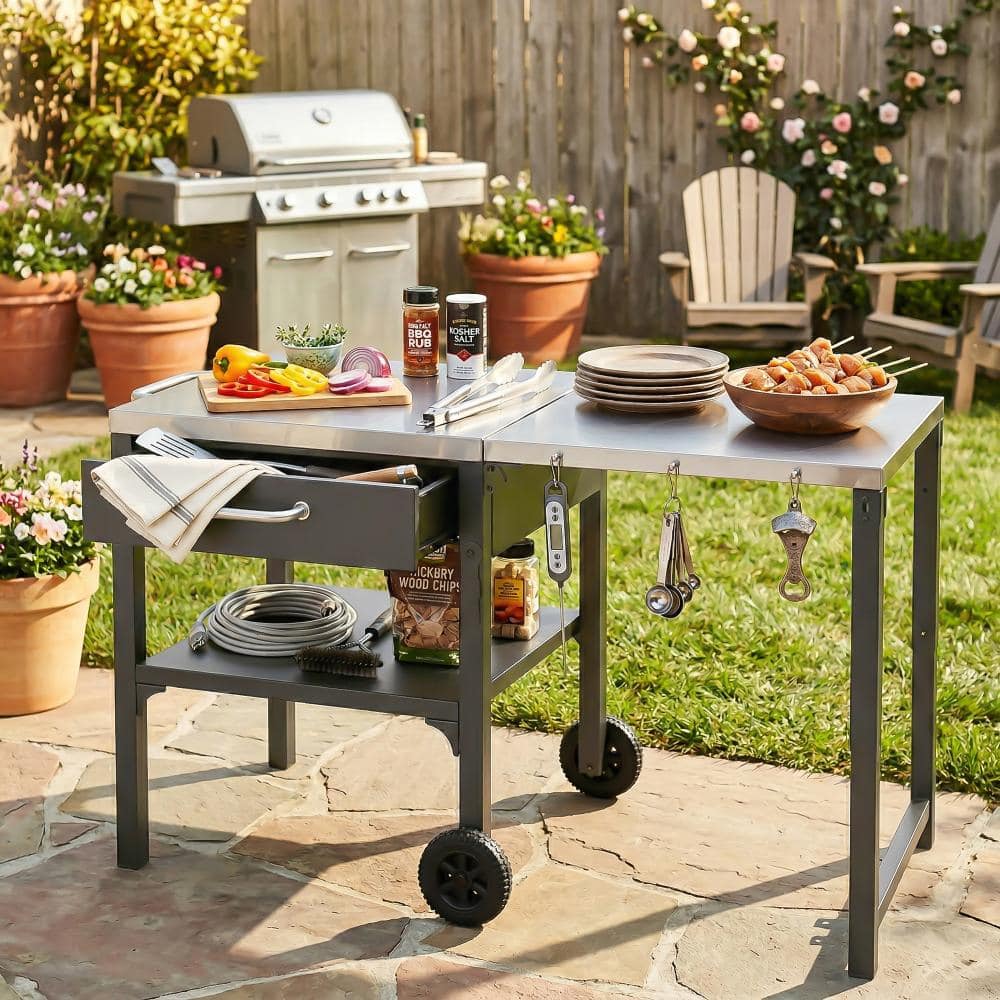 Gray Outdoor Grill Cart Kitchen Island with Foldable Top and Storage Space price history on PriceWatchPro