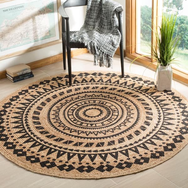 Natural Fiber Black/Beige 9 ft. x 9 ft. Round Border Area Rug
