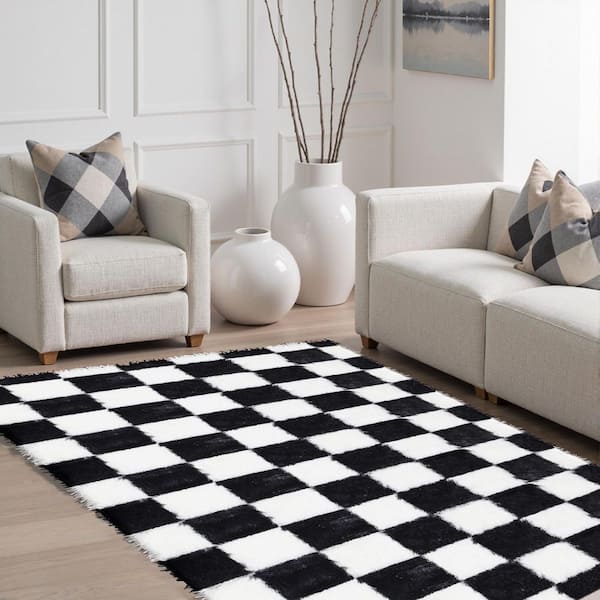 Checkerboard Shag Black/White 4 ft. x 6 ft. Checkered Area Rug