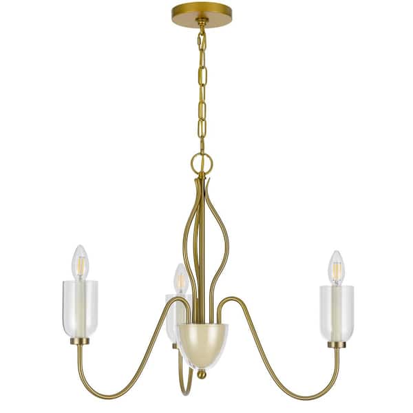 60-Watt 3-Light Antique Brass Metal Chandelier with Glass Shade