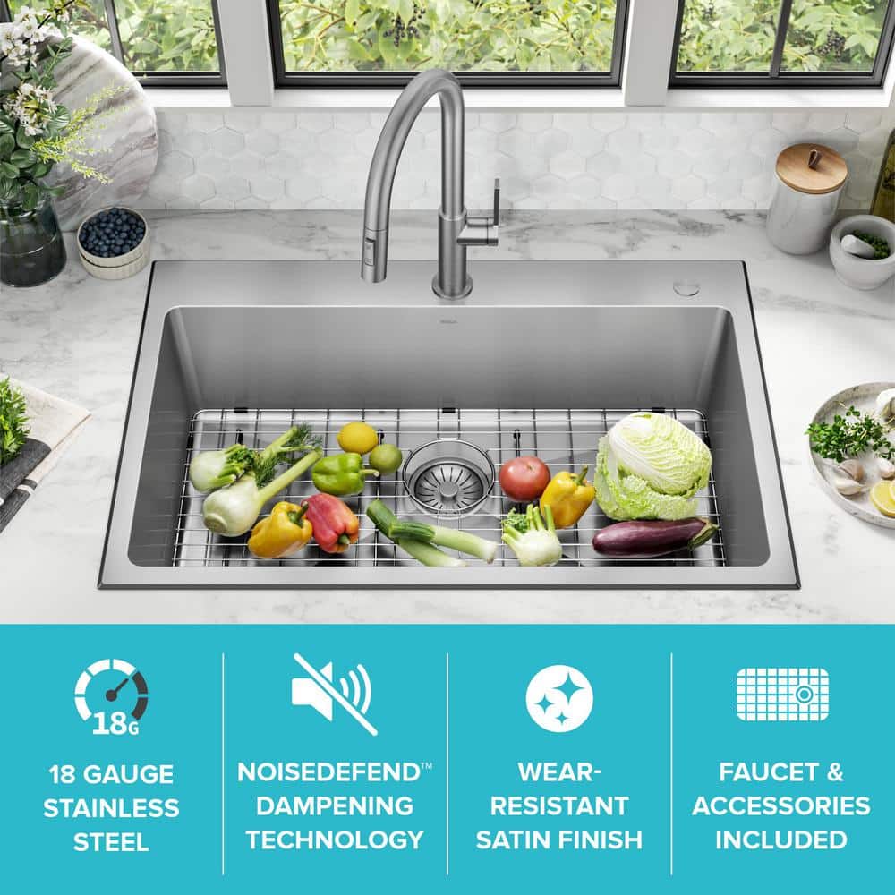 33-Inch Stainless Steel Drop-In Single Bowl Kitchen Sink with Drainboard