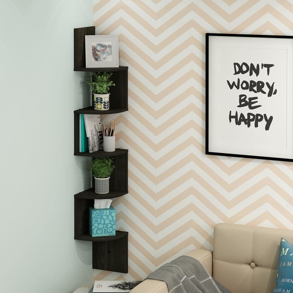 Espresso 5-Tier Floating Corner Wall Shelf