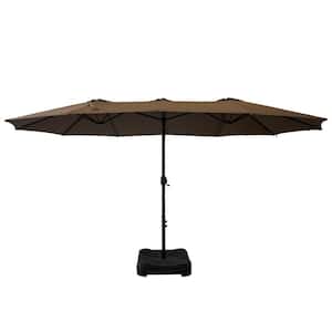 15 ft. Large Double-Sided Outdoor Twin Patio Market Umbrella in Tan with Crank and Base