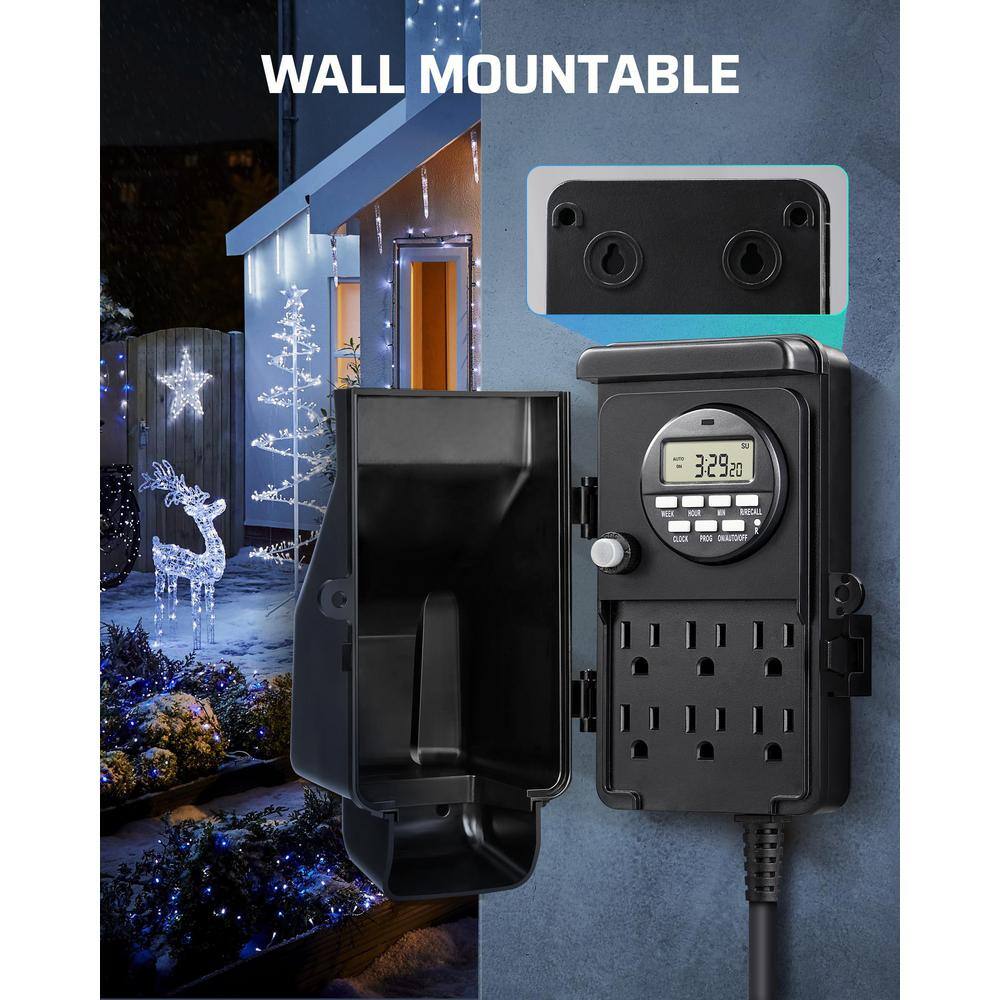 Black Heavy Duty Outdoor Digital Power Stake Timer with 6 Outlets