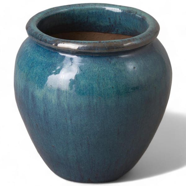 Emissary 13 in. L x 12.5 in. H Teal Ceramic Round Planter with Drainage Hole