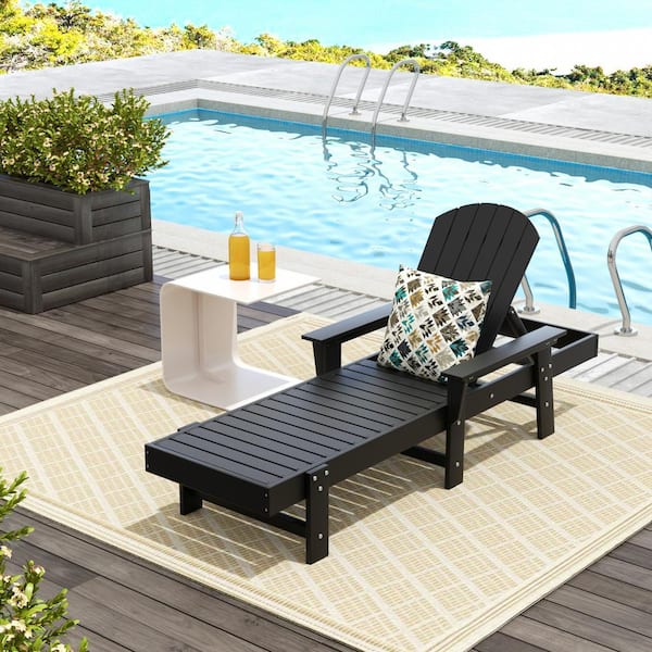 Altura Black HDPE Plastic Outdoor Adjustable Backrest Adirondack Chaise Lounger With Armrest