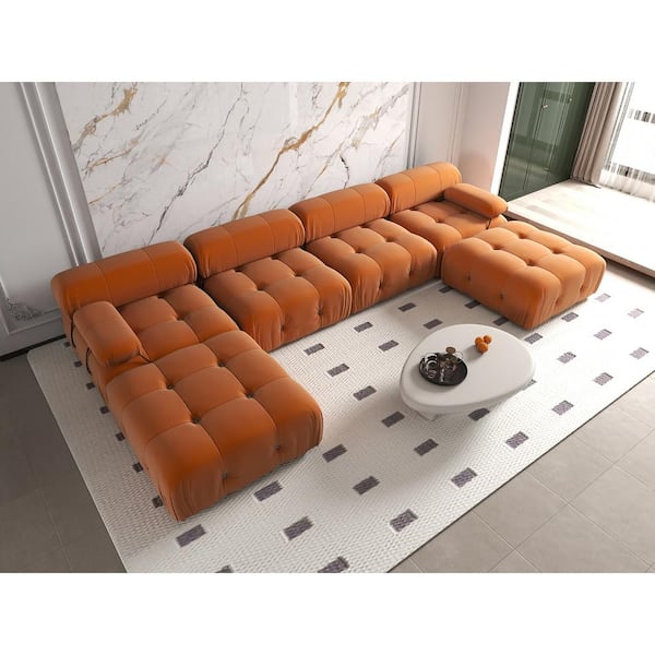 J&E Home 138.6 in. W Square Arm Velvet U Shaped Modular Free Combination Sofa with Ottoman in Orange