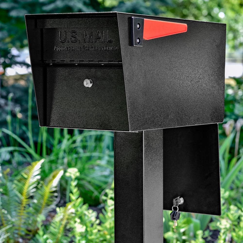 Black Steel Lockable Post Mounted Mailbox with Dual Access