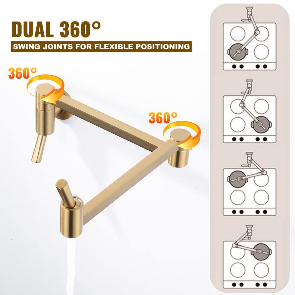 Brushed Gold Wall Mount Pot Filler with Double Joint Swing Arm