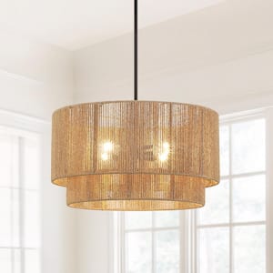 Bohe 22 in. 4-Light Natural Rattan Tiered Pendant Chandelier Light