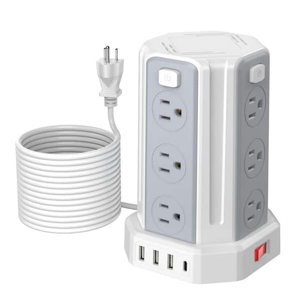 Multiple Outlets 16.4 ft. Power Strip Tower 12-Outlet AC 1800-Joules Surge Protector with 4-USB Ports (1-USB C)
