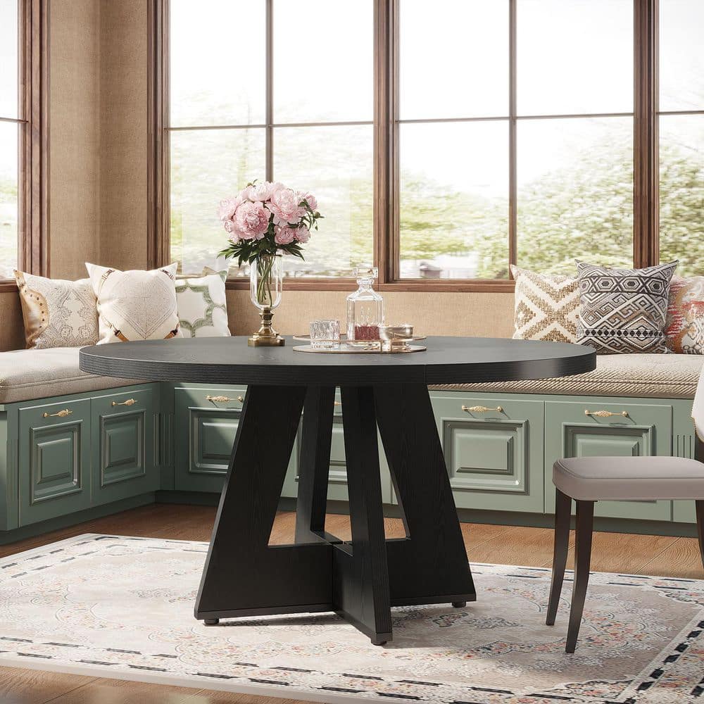 Roesler Black Round Dining Table, Wood 47 in. Pedestal Stylish Dining Table for 4, A Blend of Function and Aesthetics